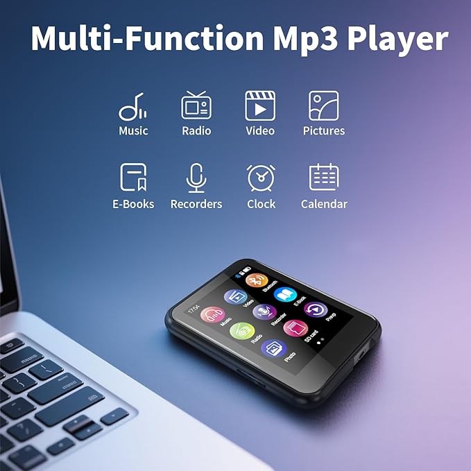 64GB MP3 Player with Bluetooth 5.3, QNGEE 2.4 inch Full Touchscreen Music MP3 for Kids, FM Radio, Voice Recorder, HiFi Sound, E-Book, Earphones Included
