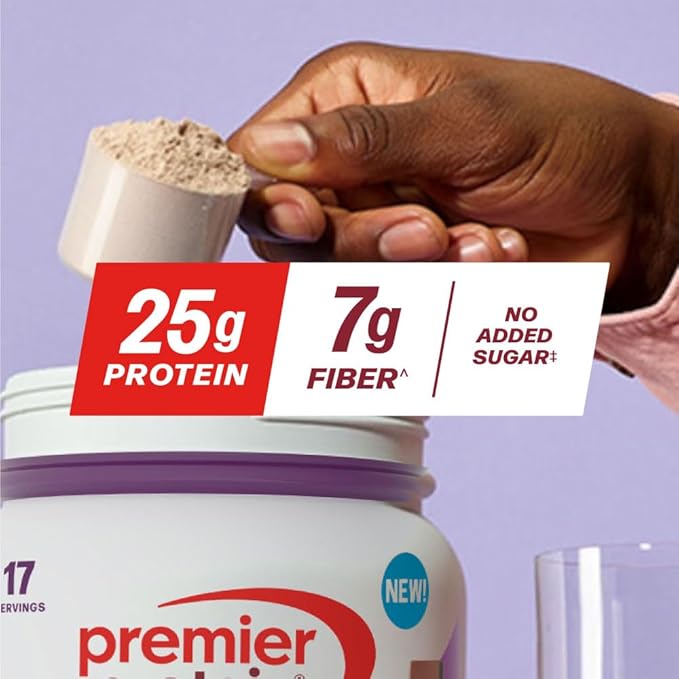 Premier Protein Powder Plus Fiber, 25g Protein, 7g Fiber, Chocolate, No Added Sugar,17 Servings
