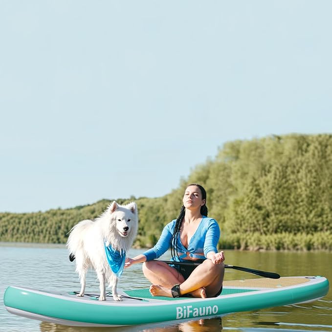 Inflatable Stand Up Paddle Board with SUP Accessories & Backpack. Paddle Boards for Adults. Non-Slip Deck, Wide Stance, Bottom Fin, Double Action Pump.