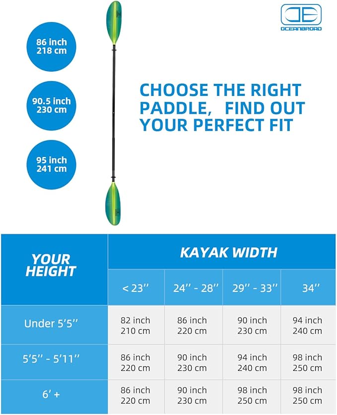 OCEANBROAD Kayak Paddle 86in/218cm, 90.5in/230cm, 95in/241cm Alloy Shaft Kayaking Boating Canoeing Oar with Paddle Leash