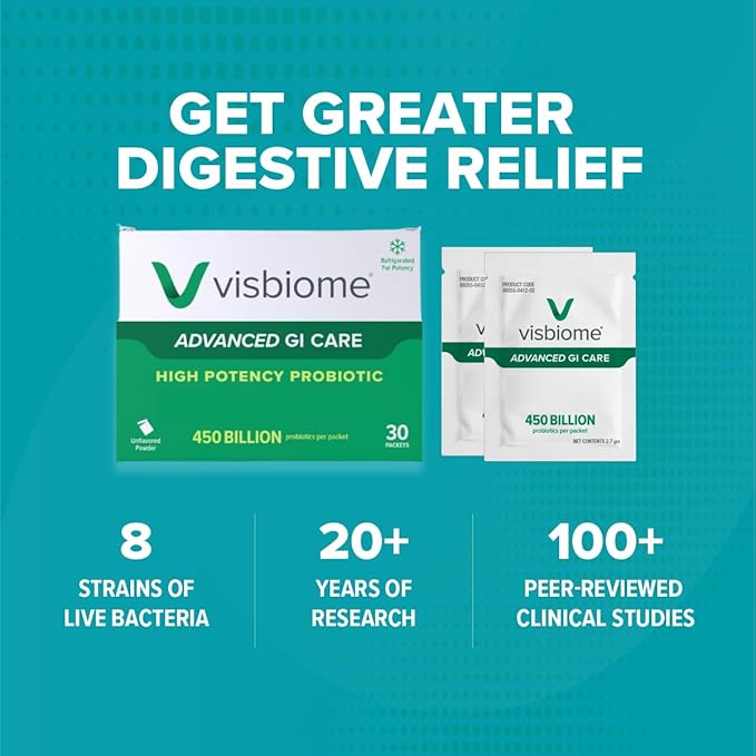 Visbiome® Advanced GI Care - High Potency Probiotic 450 Billion Strength - 30 Packets Unflavored Powder - Original De Simone Formulation - Shipped Cold in Recyclable Cooler with Temperature Monitor.