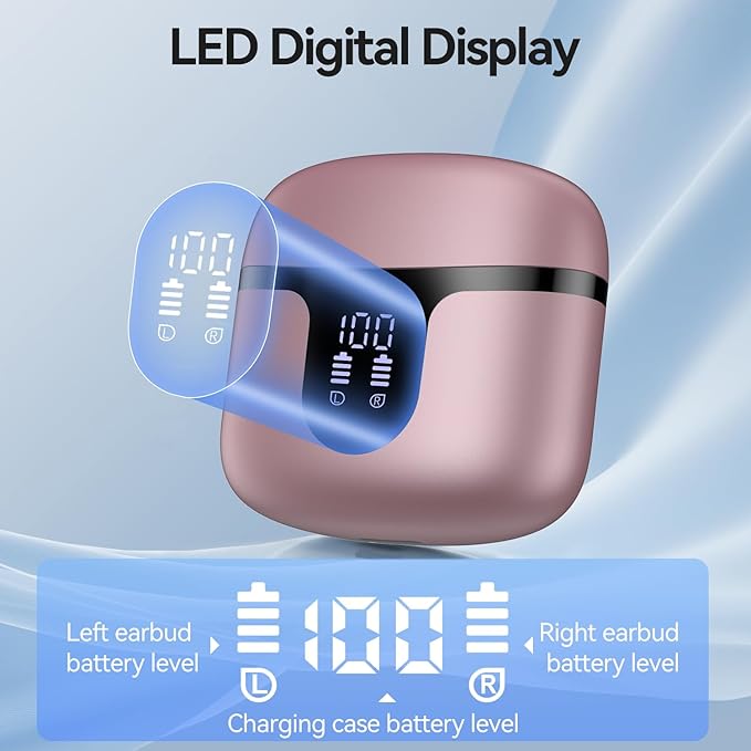 Wireless Earbuds, 2025 Bluetooth 5.3 Headphones HiFi Stereo 50H Playback Ear Buds with Led Digital Display, ENC Noise Cancelling Earbuds for Laptop Computer, iOS, Android, Rose Gold