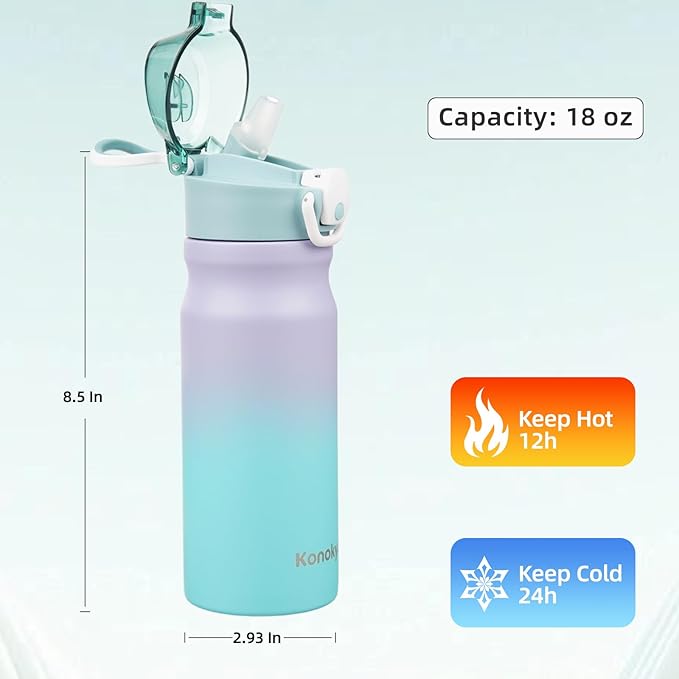 Insulated Water Bottle with Straw and Carry Loop,18 oz Stainless Steel Double Wall Vaccum Metal Water Flask with Leak-proof Lid,Oasis