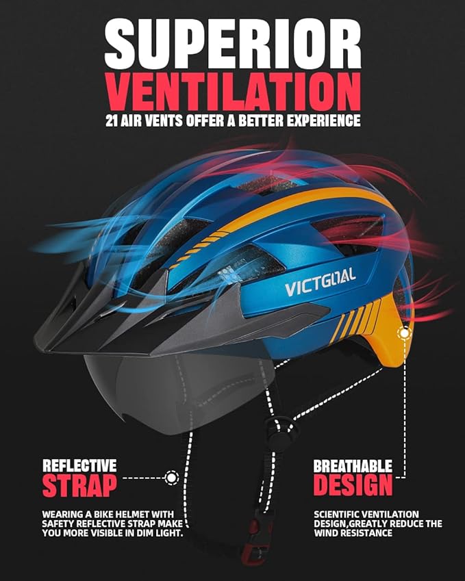 VICTGOAL Bike Helmet for Men Women with Led Light Detachable Magnetic Goggles Removable Sun Visor Mountain & Road Bicycle Helmets Adjustable Size Adult Cycling Helmets