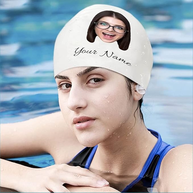 Custom Swim Cap with Photo Personalized Silicone Swim Cap for Men and Women Swimming Customized Swimmers Cap for Short and Medium Length Hair