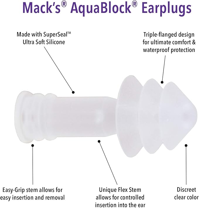 Mack's AquaBlock Swimming Earplugs, 3 Pair - Comfortable, Waterproof, Reusable Silicone Ear Plugs for Swimming, Snorkeling, Showering, Surfing and Bathing (Clear)
