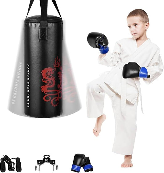 GYMAX Kids Punching Bag Set, Prefilled Junior Kick Boxing Bag Kit with Gloves & Jumping Rope, Heavy Duty Wall Mounted Punching Bag for Youth MMA, Martial Kungfu Thai Training