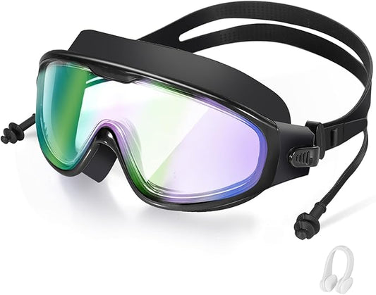 Adult Swimming Goggles,Leak-Proof,Anti-Fog Pool Glasses,Wide View Swim Goggles with Ear Plugs and Nose Clip
