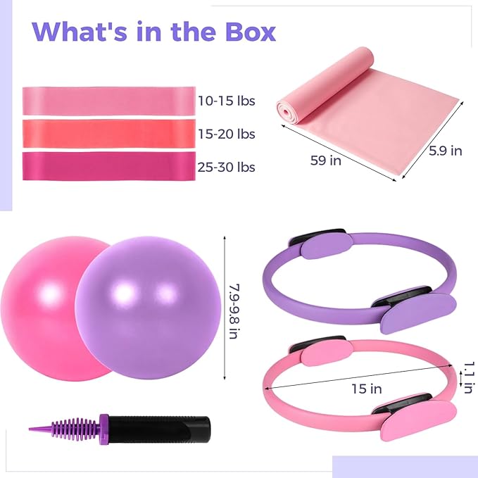 Pilates Ring and Ball Set, Includes 2 Pilates Circles, 2 Balance Balls with Pump, 3 Resistance Bands, and 1 Exercise Band, Home Pilates Equipment for Women, Versatile Fitness Kit