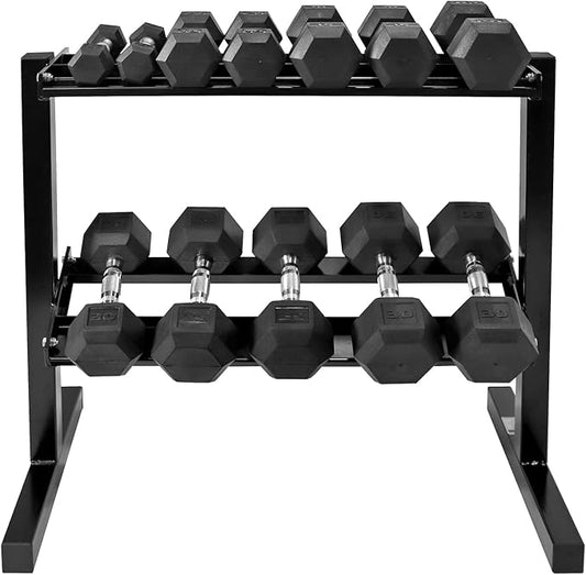 WF Athletic Supply Rubber Coated Hex Dumbbell Set with Two Tier Premium Storage Rack Built for Strength Building, Weight Loss & Home Gym ??Multiple Sets Available