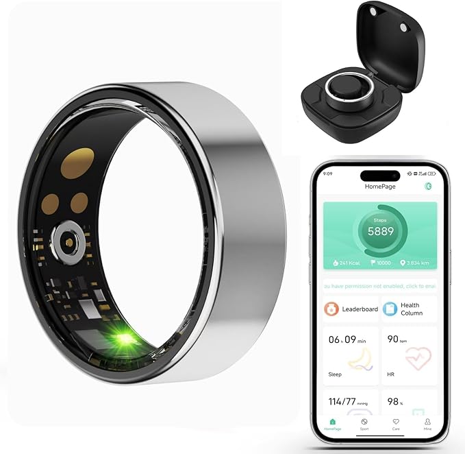 Smart Wellness Ring, Stylish Fitness Tracker with Heart Rate, Blood Oxygen, Blood Pressure, Sleep & Step Monitor. IP68 Waterproof, No Subscription, iOS & Android Compatible (Silver, 10)
