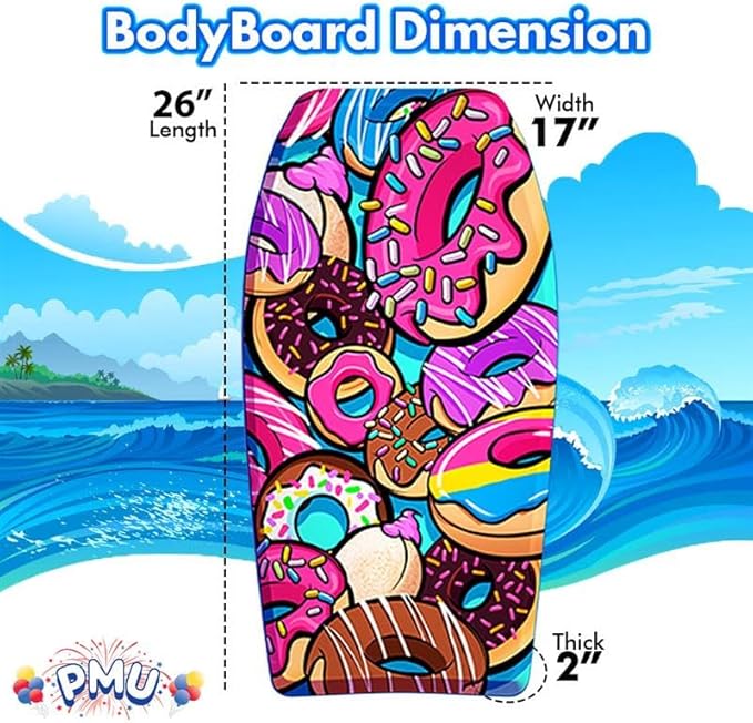 PMU 33 Inch Donut Printed Bodyboard - Lightweight Wrist Leash Body Board for Beach, Sea & Pool - Surfing Board for Teens & Adults Wave Conditions Pkg/1