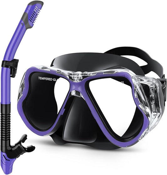 Greatever Dry Snorkel Set,Panoramic Wide View,Anti-Fog Scuba Diving Mask,Professional Snorkeling Gear