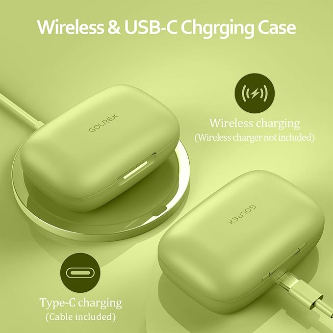 GOLREX Active Noise Cancelling Ear Buds Wireless Earbuds Bluetooth Headphones with 80H Playtime LED Display Wireless Charging Case, Over-Ear Hooks Earbud for Sports Running Gym Workout Yellow Green