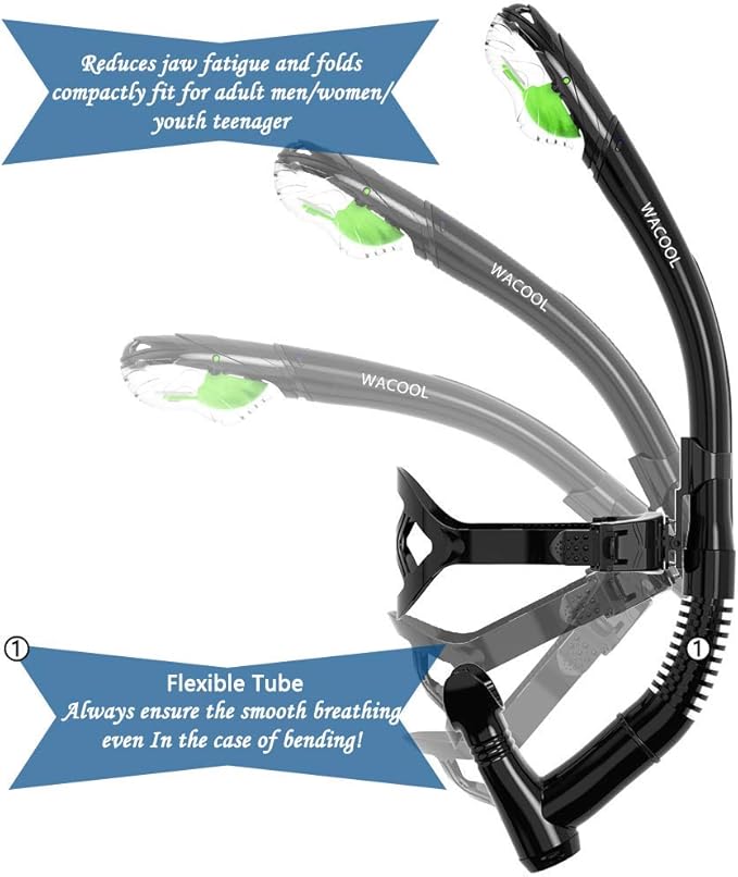 WACOOL Training Headstrap Support Dry Top Snorkel Tube Comfortable Mouthpiece One-Way Purge Valve for Pool Open Water Scuba Lap Swimming Swimmer Diving Snorkeling