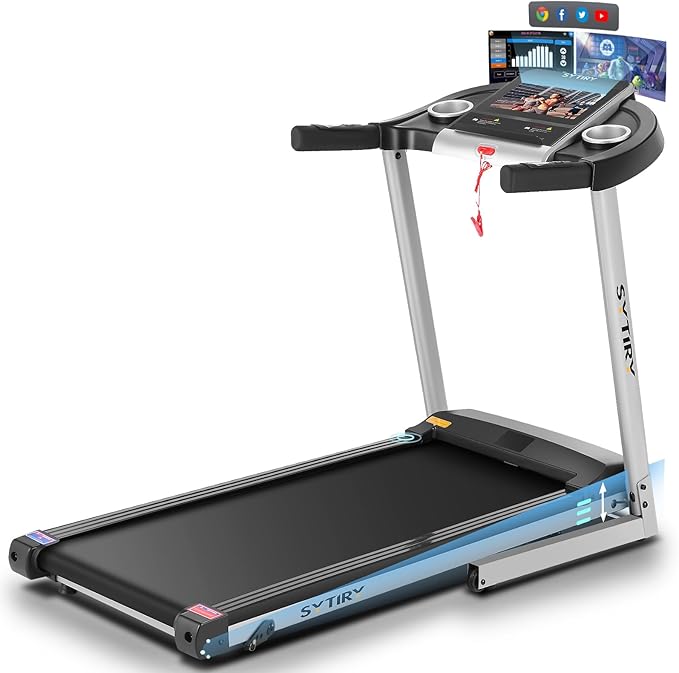 SYTIRY Treadmill with Touch Screen,3.25HP Treadmills for Home with TV and WiFi,Smart Foldable Treadmill with Music,3D Virtual Sports Scene,Popular APP for Social Networking,Walking/Running Machine