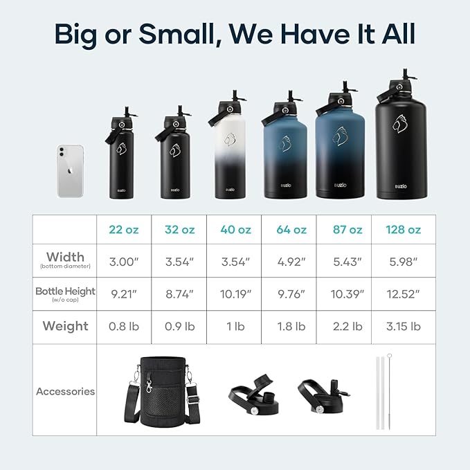 Insulated Water Bottle 64 oz with Straw Lid and Flex Lid, BUZIO 64oz Stainless Steel Water Bottle Half Gallon Jug Flask, Double Wall Vacuum Sports Thermo Mug, Cold Hot Hydro Metal Canteen