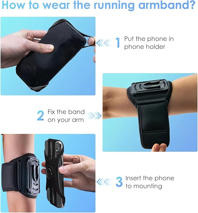 Cikyner Running Armband Phone Holder - 360 Rotatable & Detachable Sports Armband With Earphone/Cash Pocket for 4.5-7'' iPhone - for Gym, Hiking
