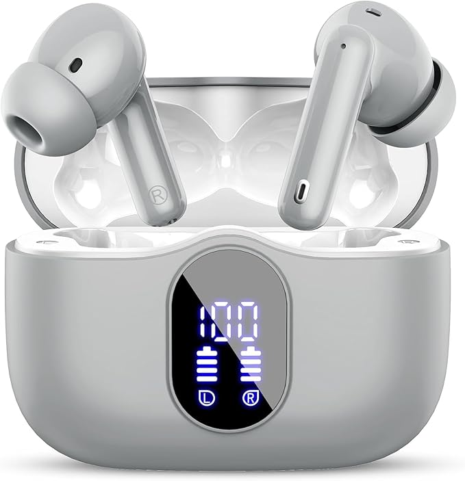 Wireless Earbuds, Bluetooth 5.4 Headphones Bass Stereo, Ear Buds with Noise Cancelling Mic, IP7 Waterproof in Ear Earphones, 36H LED Display Bluetooth Earbuds for Laptop Pad Phones Sports, Grey