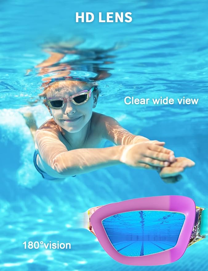 Kids Swim Goggles, Swimming Goggles for Kids with Nose Clip, Earplugs, Nose Bridge for Age 3-15