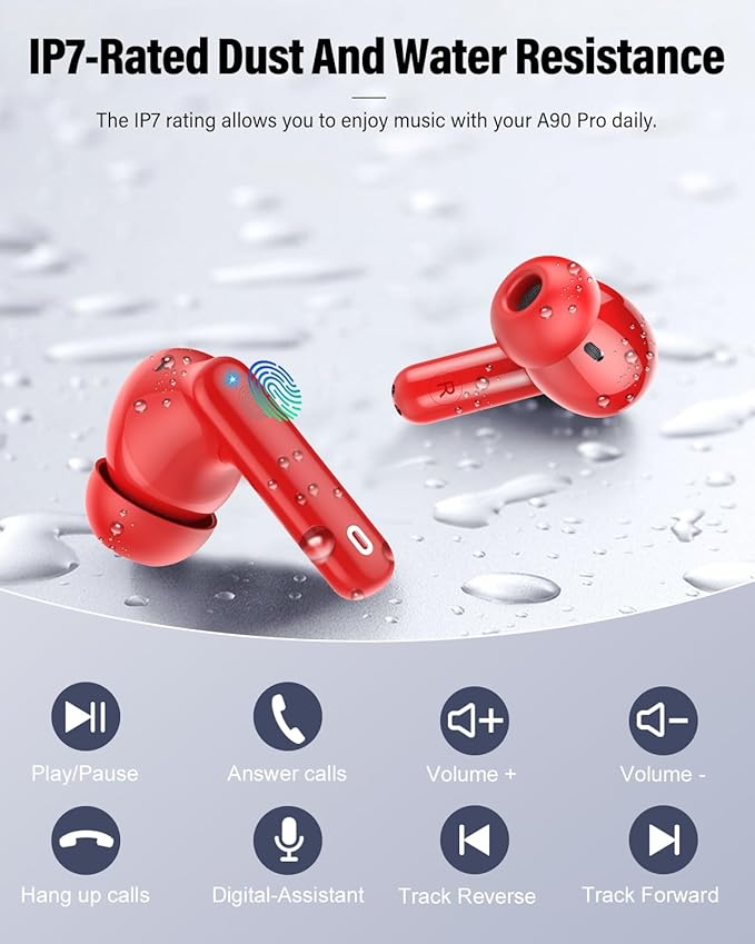 Wireless Earbuds, Bluetooth 5.4 Headphones Bass Stereo, Ear Buds with Noise Cancelling Mic, IP7 Waterproof in Ear Earphones, 36H LED Display Bluetooth Earbuds for Laptop Pad Phones Sports, Red