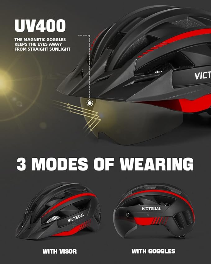 VICTGOAL Bike Helmet for Men Women with Led Light Detachable Magnetic Goggles Removable Sun Visor Mountain & Road Bicycle Helmets Adjustable Size Adult Cycling Helmets
