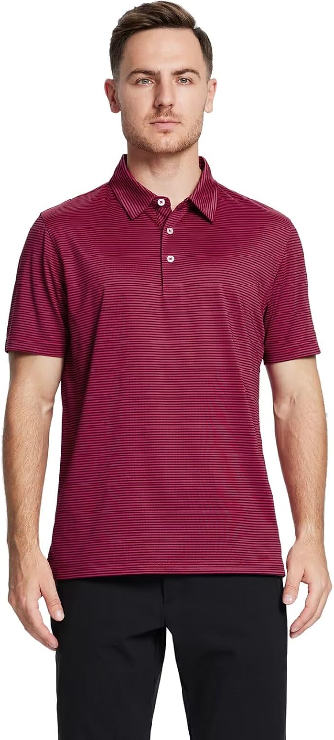 Mens Golf Shirt Moisture Wicking Dry Fit Performance Sport Short Sleeve Striped Golf Polo Shirts for Men
