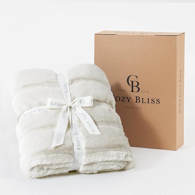 Cozy Bliss Faux Fur Throw Blanket for Couch, Cozy Warm Plush Striped Blanket for Sofa Bedroom Living Room, 90 * 90 Inches Beige