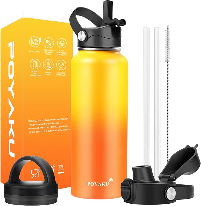 Water Bottle Insulated 32oz 40oz 64oz 128oz Straw Lid Spout Lid & 3 Lids, Leak Proof, Vacuum Insulated,Stainless Steel Water Bottle Wide Mouth for Sports, Gym or Office