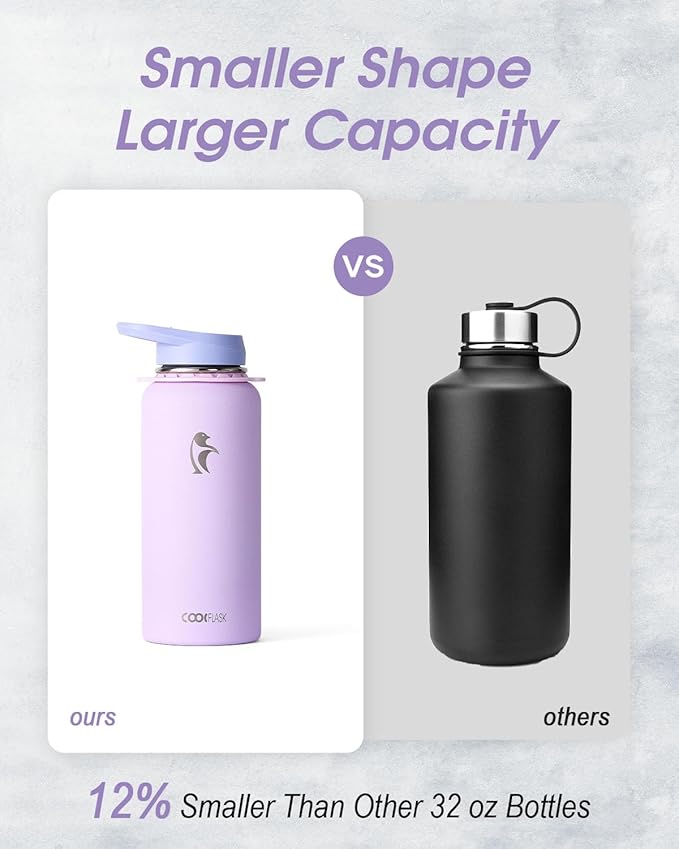 Coolflask Water Bottle with Straw, 32 oz Insulated Metal Water Flask with Straw & Spout Lids, Stainless Steel Double Wall Vacuum, Keep Cold 48h Hot 24h, Leak Proof & Non-BPA, Lavender