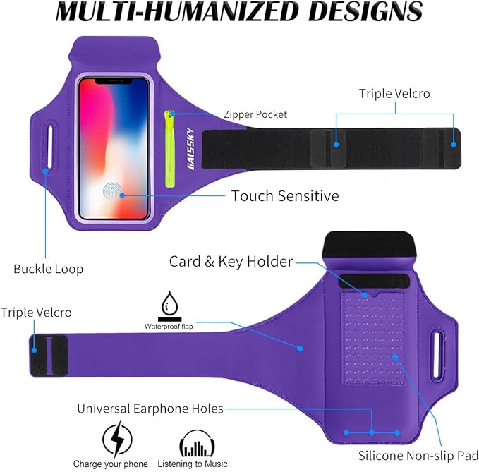 HAISSKY Cell Phone Running Armband with Airpods Zipper Pocket Armband Case Running Holder for iPhone 16/15/ 14/13 / 12 /11Pro Max,Galaxy S20 S10,Sweatproof Arm Band with Card/Key Bag