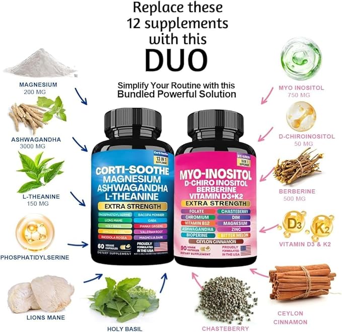 ALongDeng Soothe-Smooth Bundle,Soothe & Smooth Bundle Multivitamin Combo, Cortisol Support Myo-Inositol Multivitamin Combo with Magnesium Glycinate, Ashwagandha, L-Theanine & Herbal Blend - D