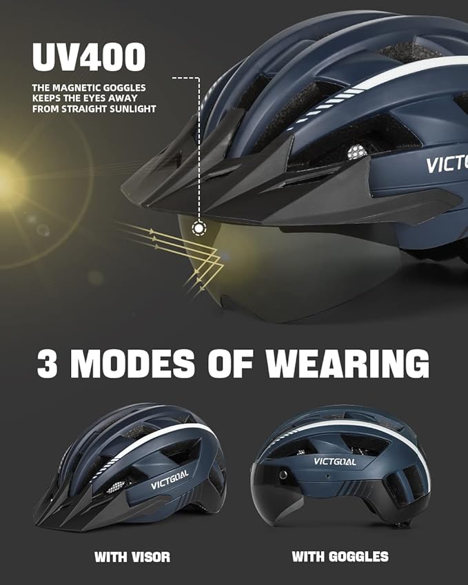 VICTGOAL Bike Helmet for Men Women with Led Light Detachable Magnetic Goggles Removable Sun Visor Mountain & Road Bicycle Helmets Adjustable Size Adult Cycling Helmets