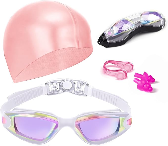 Swim Goggles Swimming Goggles No Leaking with Nose Clip, Earplugs, Swim Cap and Case for Men Women