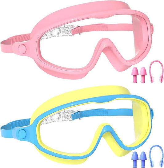 Swim Goggles for Kids 3-15 with Earplugs Large Frame Anti-Fog/UV Swimming Goggles for Boys Girls Toddler 2PCS