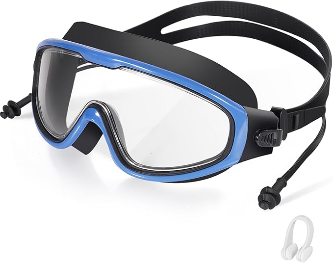 Adult Swimming Goggles,Leak-Proof,Anti-Fog Pool Glasses,Wide View Swim Goggles with Ear Plugs and Nose Clip