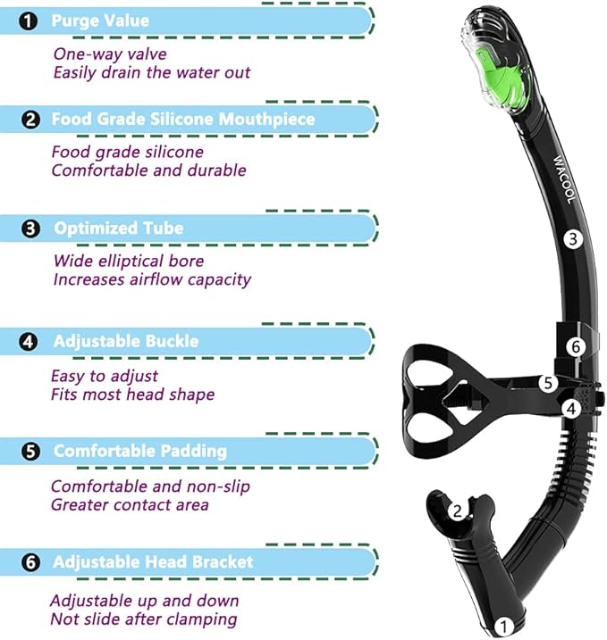 WACOOL Training Headstrap Support Dry Top Snorkel Tube Comfortable Mouthpiece One-Way Purge Valve for Pool Open Water Scuba Lap Swimming Swimmer Diving Snorkeling
