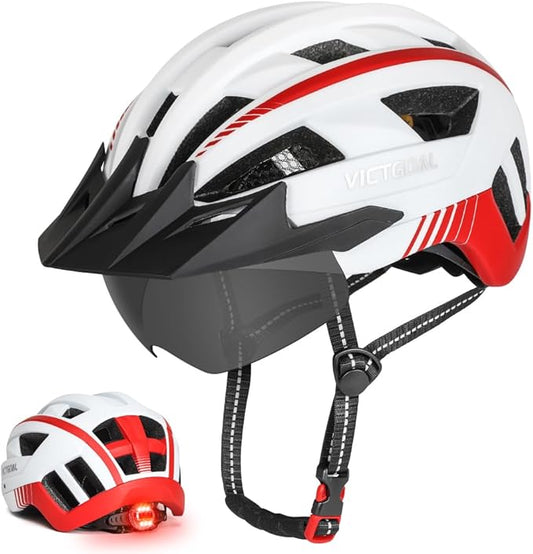 VICTGOAL Bike Helmet for Men Women with Led Light Detachable Magnetic Goggles Removable Sun Visor Mountain & Road Bicycle Helmets Adjustable Size Adult Cycling Helmets