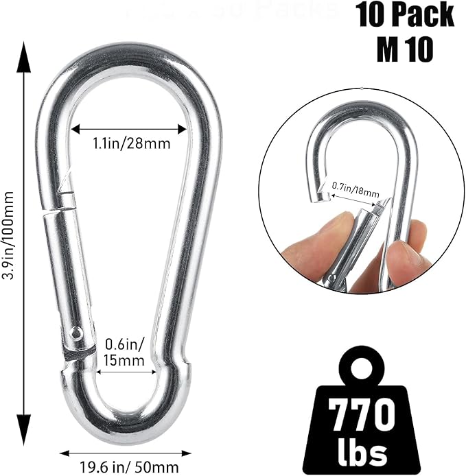 Stainless Steel Spring Snap Hook Carabiner M6 M8 M10 Heavy Duty Carabiner Clip Spring Clips Keychain 5/16 Inch Quick Links for Backpack, Hammocks, Camping, Swing(16/30/10PCS)