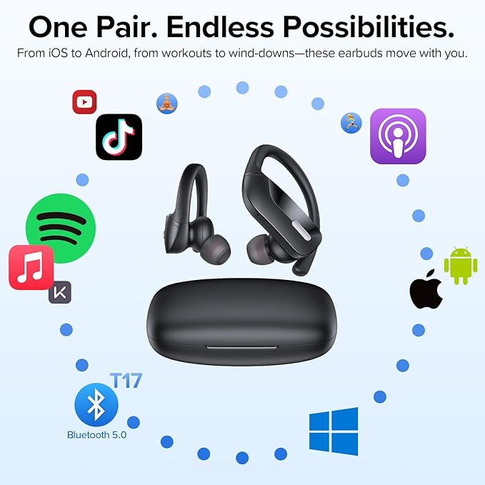 Wireless Sport Earbuds Bluetooth Headphones with Mic 80H Playtime IPX5 Waterproof Ear Buds Deep Bass Earphones Over Ear Headset for Running Gym Workout - Black