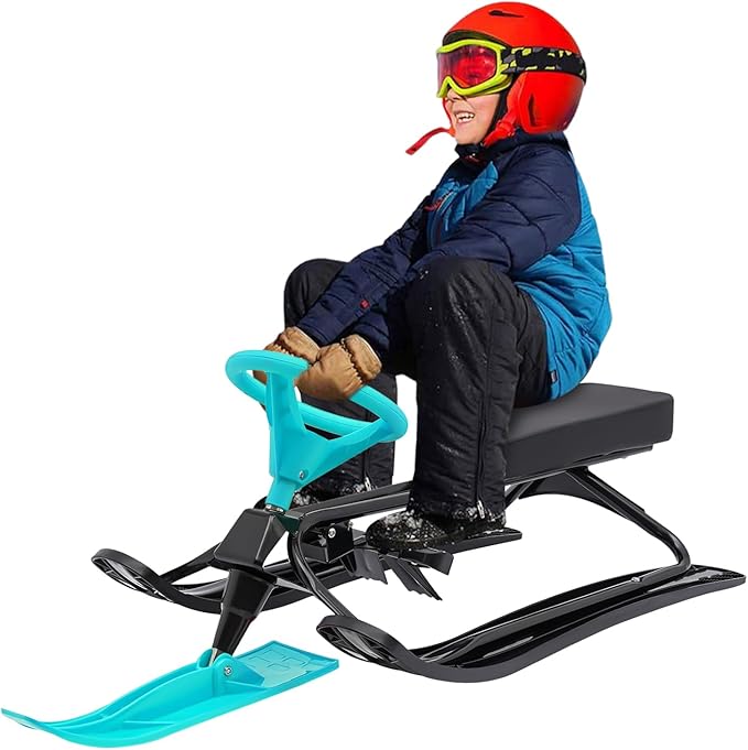 Snow Racer Sled with Steering Wheel and Brakes, Durable Steel Frame, Downhill Steerable Sled for 220 LBS Kids, Teenagers, Adults