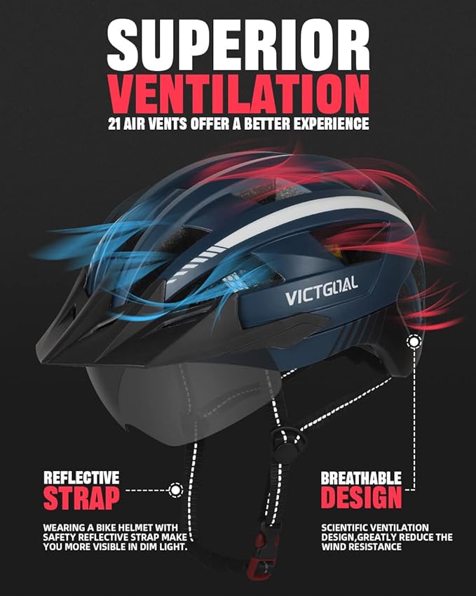 VICTGOAL Bike Helmet for Men Women with Led Light Detachable Magnetic Goggles Removable Sun Visor Mountain & Road Bicycle Helmets Adjustable Size Adult Cycling Helmets