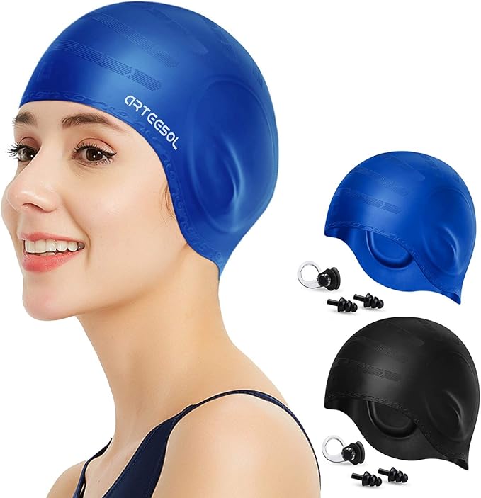Swimming Cap, Silicone Swim Cap for Women Men, Durable Non-Slip Waterproof Swim Cap Protect Ears, Long Hair for Adults, Older Kids