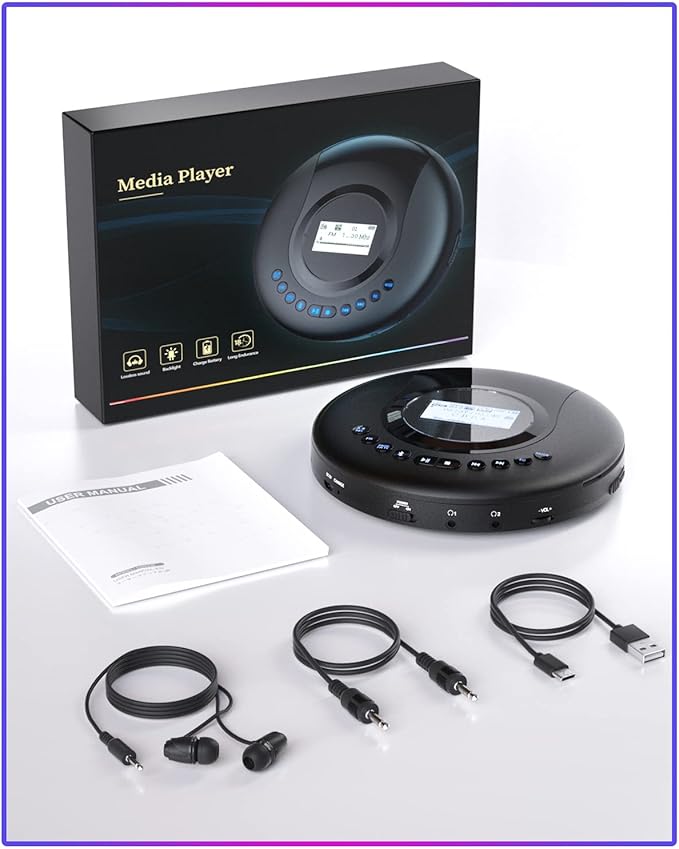 ARAFUNA Portable CD Player Bluetooth with FM Radio, 2000mAh Rechargeable CD Player for Car with LCD Screen, Anti Shock Protection Compact Player with Headphone, AUX Cable