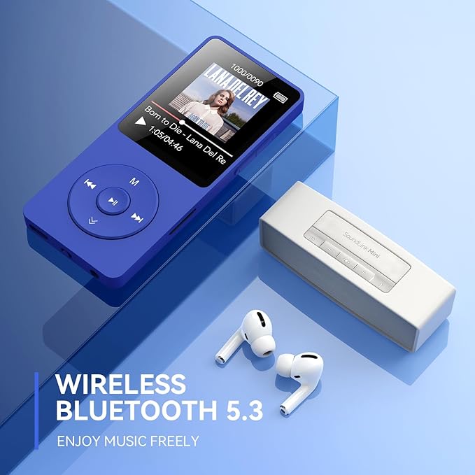 AGPTEK A02 MP3 Player with Bluetooth 5.3, 1.8 inch Screen Portable Music Player with Speaker, FM Radio, Voice Recorder, Supports Expanded Up to 128GB(Blue, 64GB)