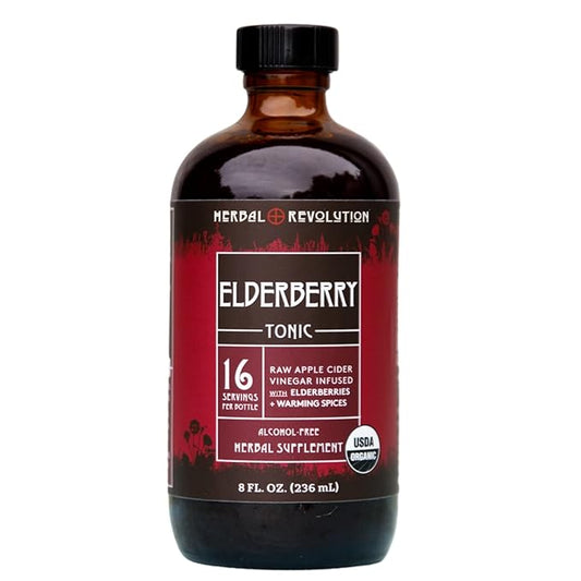 Herbal Revolution Elderberry Tonic - Certified Organic Non-GMO Apple Cider Vinegar Infused with Cinnamon Bark, Raw Honey, Ginger & More - Made Using Regenerative Farming Practices - 8 Oz