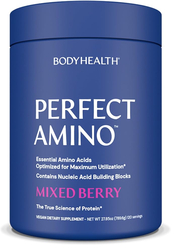 BodyHealth PerfectAmino Powder - BCAA and EAA Powder for Pre and Post Workout - Amino Acid Energy Drink for Men and Women to Support Lean Muscle and Recovery - Mixed Berry - 120 Servings