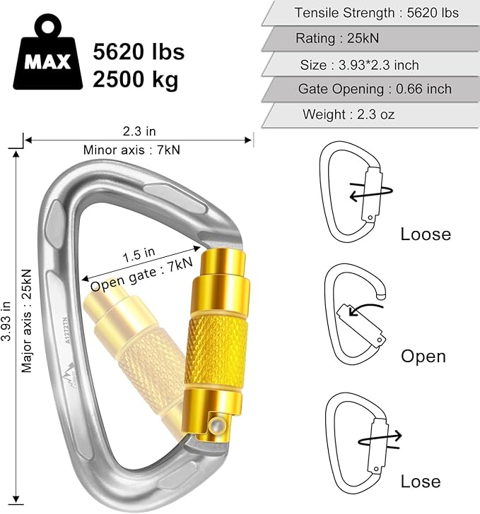 Climbing Carabiner Clips 25kN Auto Locking Carabiner, Professional Heavy Duty Large Locking Carabiner Clips for Rock/Ice Climbing Rappelling Rescue Swing etc, D Shaped, Large Size
