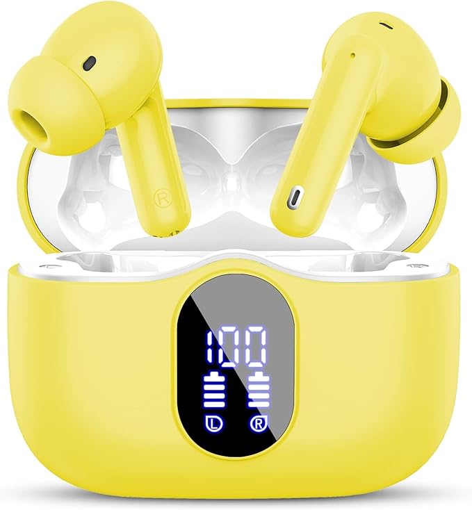 Wireless Earbuds, Bluetooth 5.4 Headphones Bass Stereo, Ear Buds with Noise Cancelling Mic, IP7 Waterproof in Ear Earphones, 36H LED Display Bluetooth Earbuds for Laptop Pad Phones Sports, Yellow