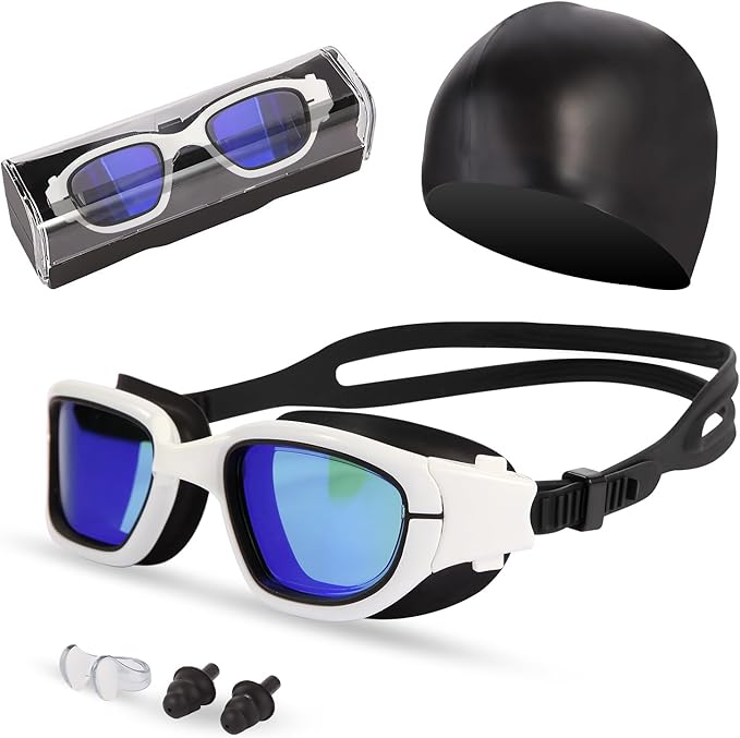 Swim Goggles, Goggles Adult with Swimming Cap, Nose Clip & Ear Plugs, UV Protection Anti-Fog Lens and Case for Adult